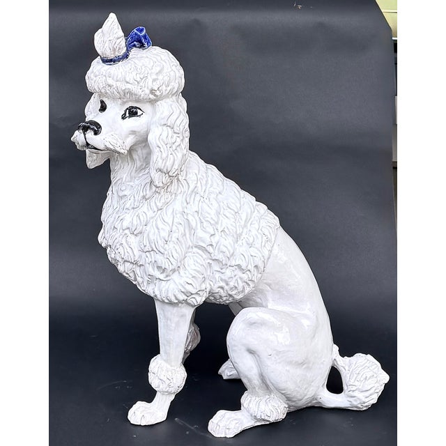 Mid 20th Century Italian Faience Poodle Figure, White Glaze With Blue Bow, Mid-20th Century, 21 3/4 In. Tall For Sale - Image 5 of 15