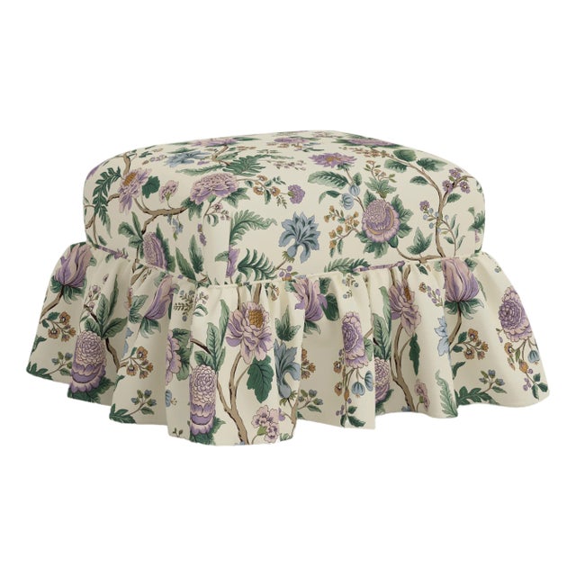 Edith Ruffle Ottoman in Lilac Tree of Life Floral For Sale
