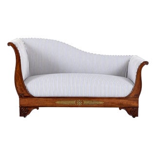 Empire Revival French Walnut Sofa in Ticking For Sale