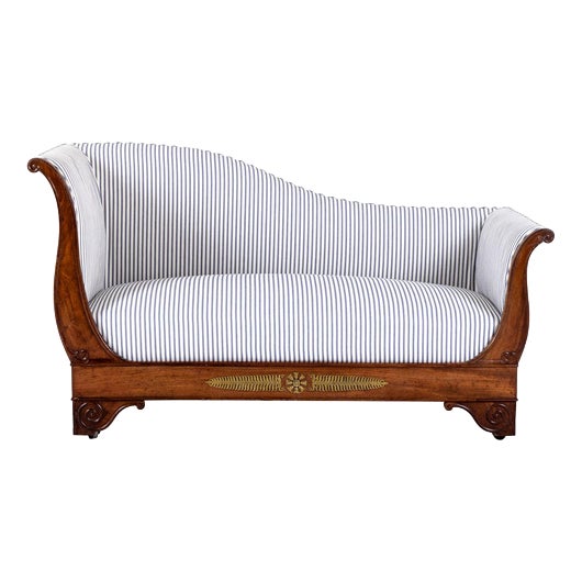 Empire Revival French Walnut Sofa in Ticking For Sale