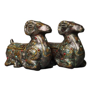 Pair of Antique Bronze Ram Vessels With Gold and Silver Inlay, 3800g Total For Sale