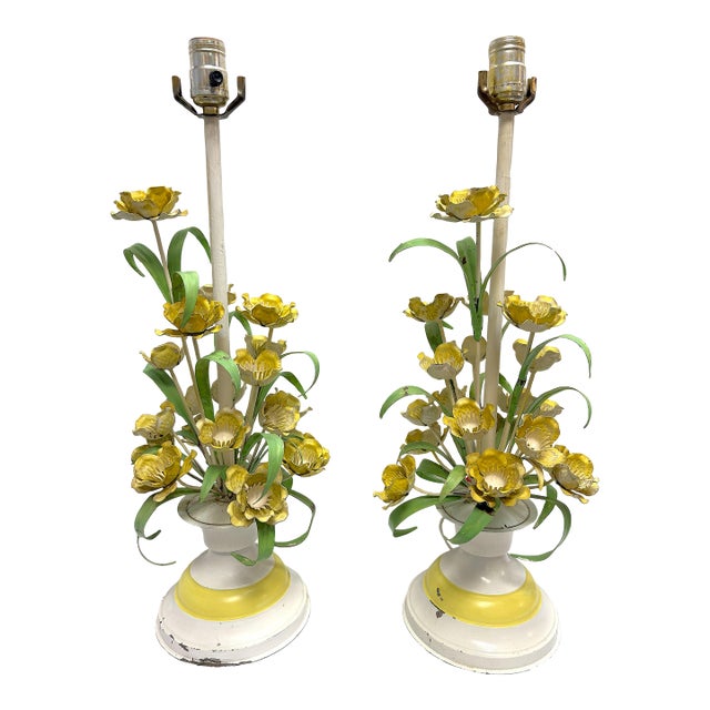 Vintage Italian Floral Painted Tole Table Lamps- A Pair For Sale