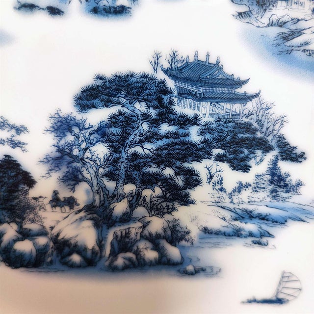 White Early 20th Century Chinese Ceramic Plate,Qianlong Marked Blue and White Porcelain Plate Hand Painted Landscape Pattern For Sale - Image 8 of 10
