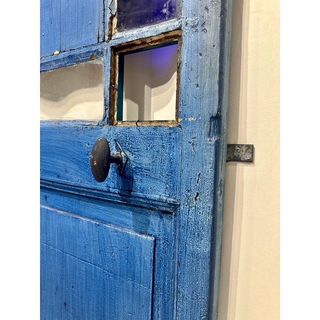 Antique Late 19th Century Blue Painted Moorish Style Stained Glass Door With Hand-Painted Landscape Panel For Sale - Image 14 of 15