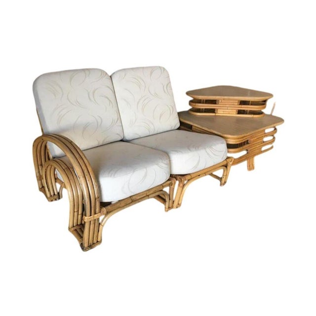 This beautifully restored rattan blending style vintage charm with modern comfort. Rare "Double Horseshoe" arm rattan 2...