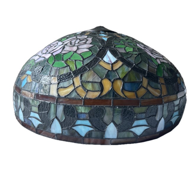 Vintage Rose Petal Tiffany Style Table Lamp With Brass Base For Sale - Image 10 of 16
