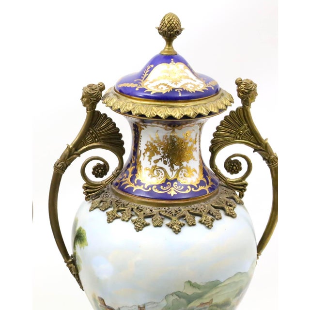 Late 19th Century French Sèvres Porcelain Bronze Mounted Cobalt & Raised Gilt Gold Covered Urn For Sale - Image 5 of 12