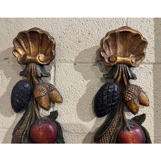 French Pair of Mid 20th Century French Carved Gilt and Polychromed Wall Sculptures For Sale - Image 3 of 6