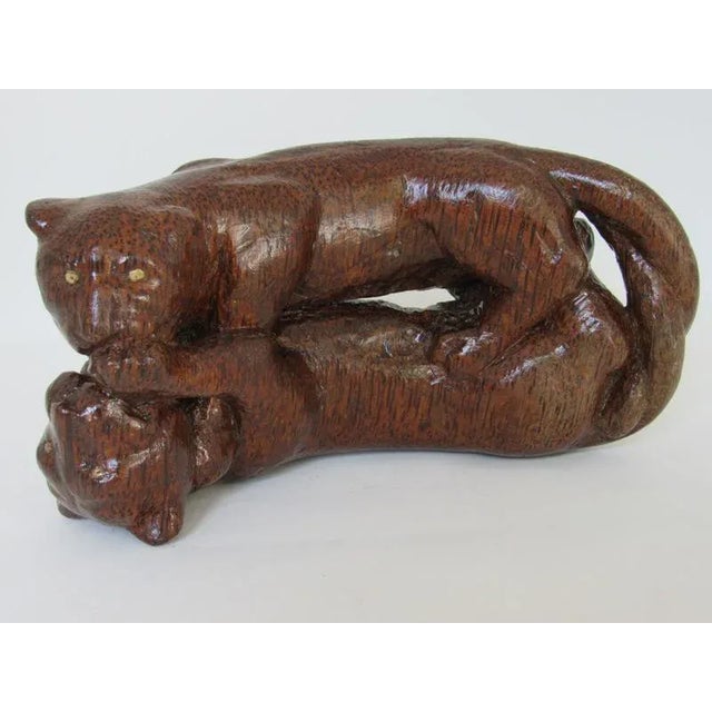 Antique Asian Hand-Carved Hardwood Panthers Sculpture, C. 1900–1930 For Sale - Image 4 of 9