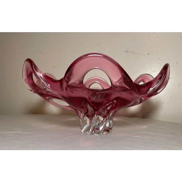 Glass Vintage Hand Blown Pink Red Glass Italian Centerpiece Footed Bowl Murano For Sale - Image 7 of 12