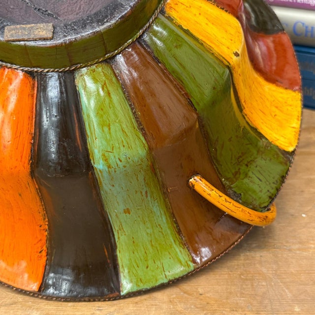 Brown, Green & Yellow Polychrome Basket with Rattan Handle For Sale - Image 9 of 17