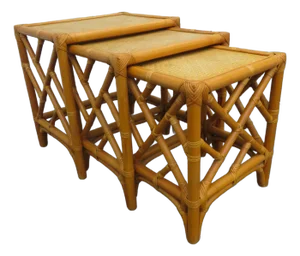 Hollywood Regency Bamboo Rattan Nesting Tables Set of Three 5880