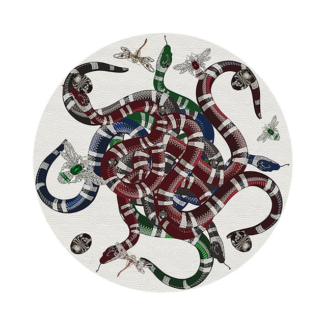 2020s Ouroboros White Vegan Leather Round Pebble Placemat, Set of 4 For Sale - Image 5 of 5