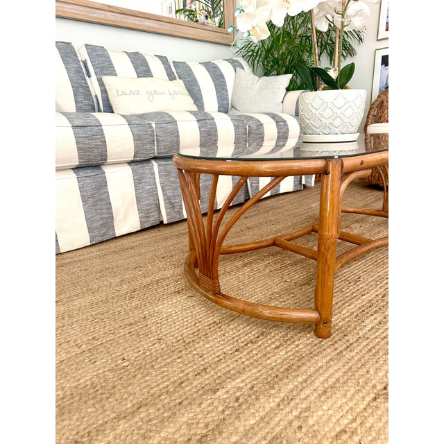 Hollywood Regency 1980s Glass Top Rattan Coffee Table For Sale - Image 3 of 6