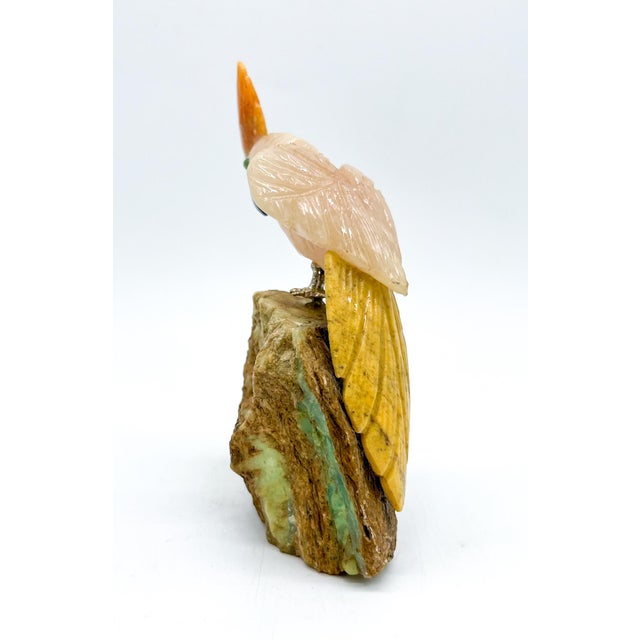 Vintage Hand-Carved Gemstone Cockatoo Sculpture on Natural Stone Base – Brazilian Mid-Late 20th Century For Sale - Image 4 of 15