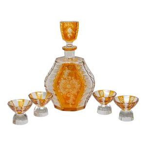 Czech Bohemian Style of Karl Palda Amber Glass Decanter Liquor Set - 6 Pieces