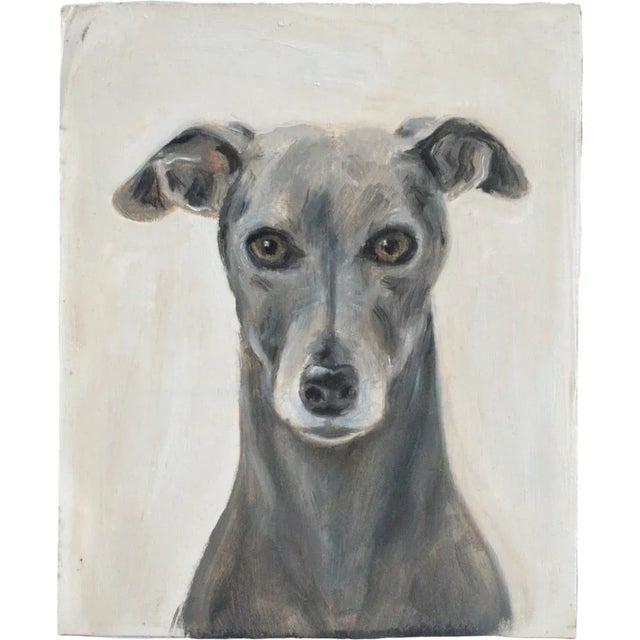 An archival giclée print of an original dog painting of a grey whippet with archival inks, signed front and back 4"x5".