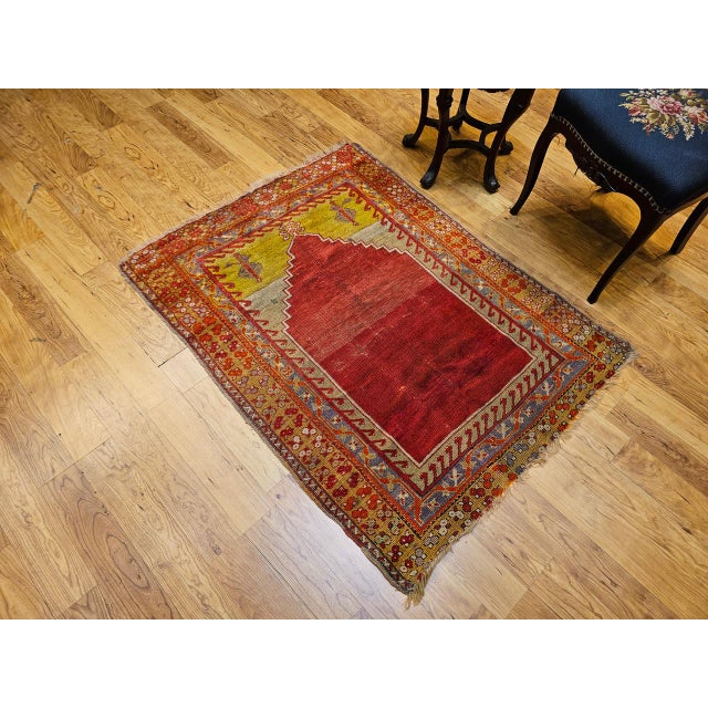 Art Deco Vintage Turkish Prayer Area Rug, Hand-Knotted Wool, 4x5, Abrash Red & Yellow For Sale - Image 3 of 14