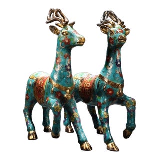 Late 20th Century Pair of Cloisonne Enamel Gilt Deer Figurines, Decorative Tabletop Sculptures For Sale