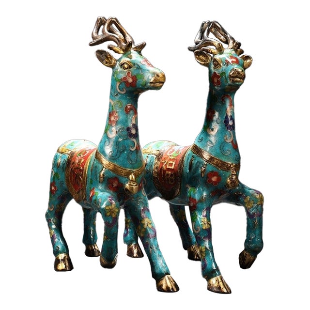 Late 20th Century Pair of Cloisonne Enamel Gilt Deer Figurines, Decorative Tabletop Sculptures For Sale