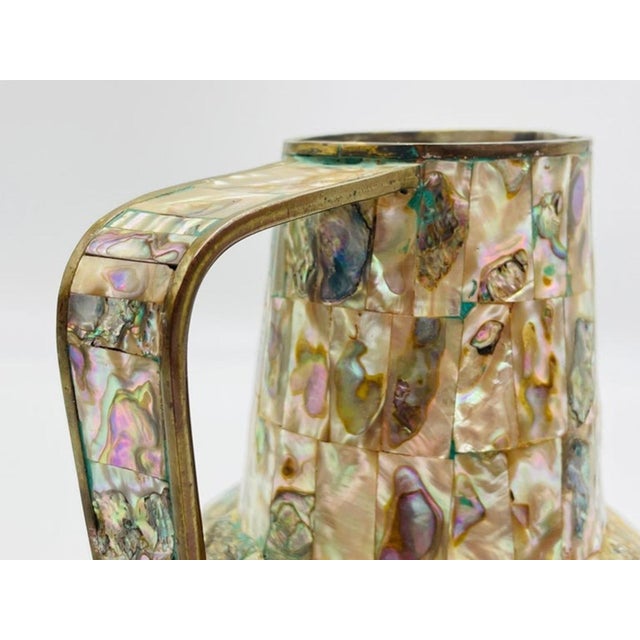 1960s Mexican Brass and Abalone Shell Pitcher Set With Tray and Eight Cups - 10 pcs For Sale - Image 12 of 18