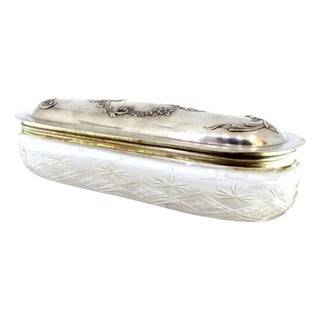 Acid-Etched Glass Box with Silver Lid with Reliefs and Monogram Card For Sale