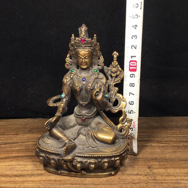 Brass Green Tara Statue With Inlaid Gemstones, Tibetan Buddhist Goddess For Sale - Image 9 of 9