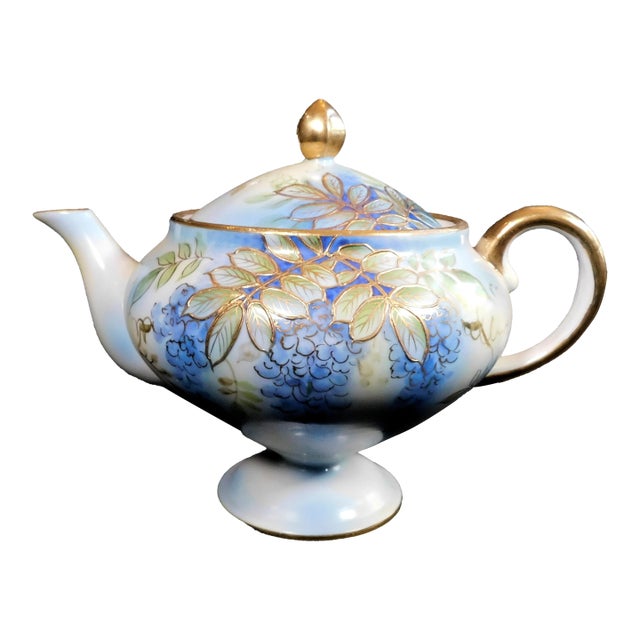 1970s Shofu Japan Footed Blue Teapot With Grapes and Raised Gold Trim For Sale