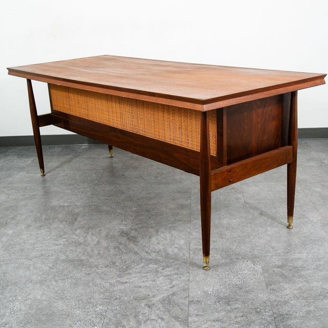 Mid-Century Modern 1960s Mid Century Modern Desk Office Executive Walnut Cane Back 4 Drawers File MCM 60s For Sale - Image 3 of 12