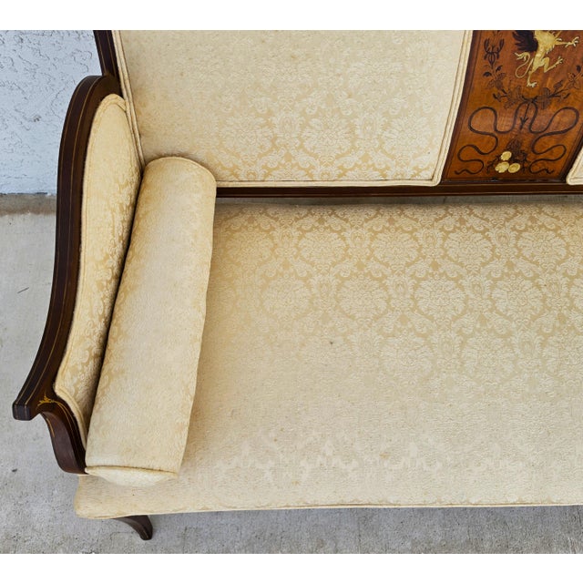 Brown Antique Edwardian Inlaid Mythical Griffin Mahogany Double-Chair-Back Settee For Sale - Image 8 of 12