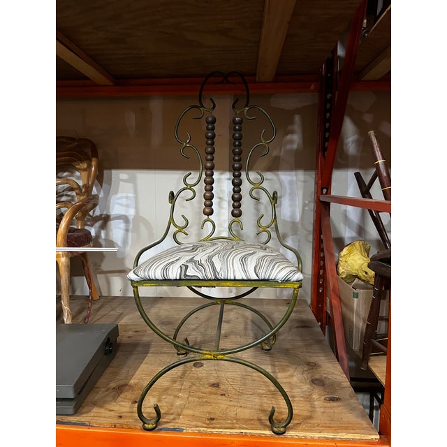 1970s Iron Giacometti Style Metal Chair With Wooden Abacus Details For Sale - Image 4 of 9
