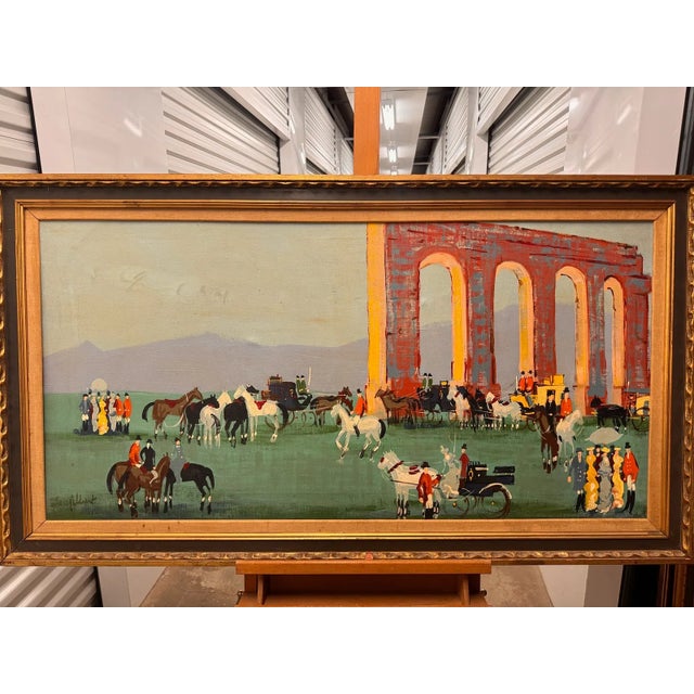 Mid-century modern oil painting depicting an equestrian gathering set before a monumental arched structure. The...