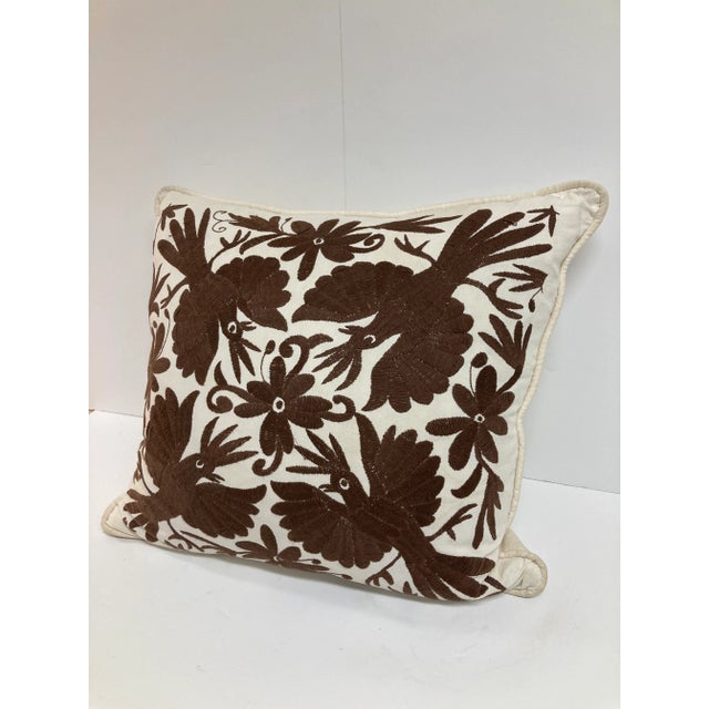 Crewel Work Embroidered Brown Bird Toss Pillow -1 For Sale - Image 4 of 10