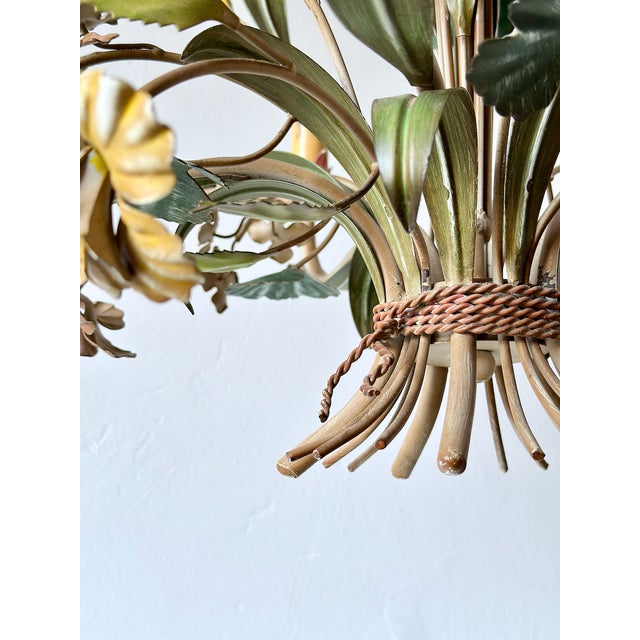 Blue French Polychrome Floral and Wheat Tole 5-Light Chandelier, 1960s For Sale - Image 8 of 18