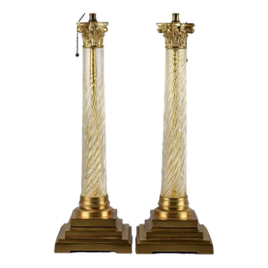 Jansen French Modern Neo-Classical Mid-Century Gold Glass and Gold Metal Table Lamps, a Pair