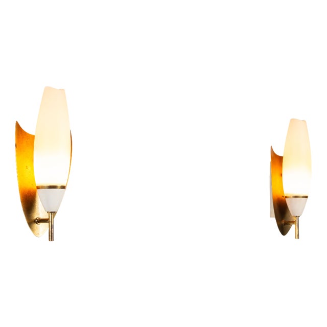 Vintage Wall Lamps with Brass Shields and Glass Shades, 1960s, Set of 2 For Sale