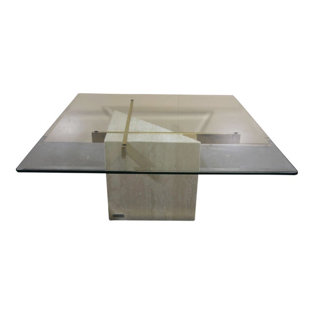 1970s Italian Travertine Coffee Table With Brass Supports and Glass Top For Sale