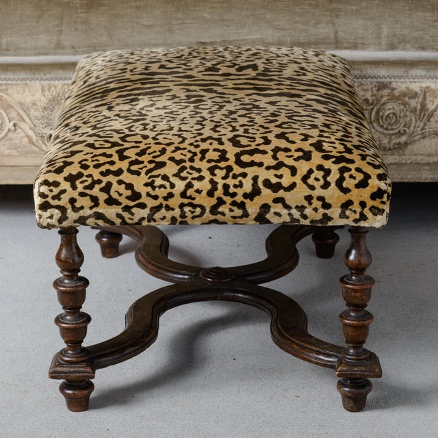 French French Louis XIII Style Turned Wood Ottoman, Animal Print Velvet For Sale - Image 3 of 16