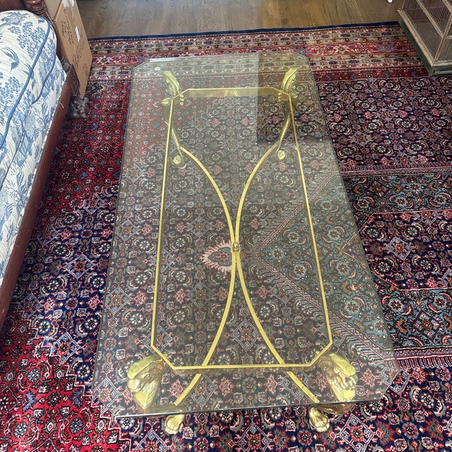 Traditional Antique Coffee Tables - Glass Top With Brass Lion Base For Sale - Image 3 of 3