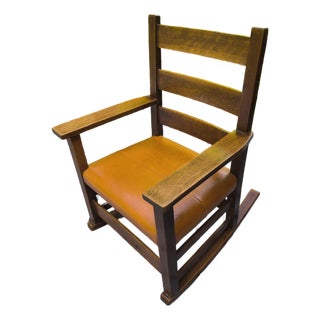 Antique Child's Solid Oak Mission Leather Rocking Chair For Sale