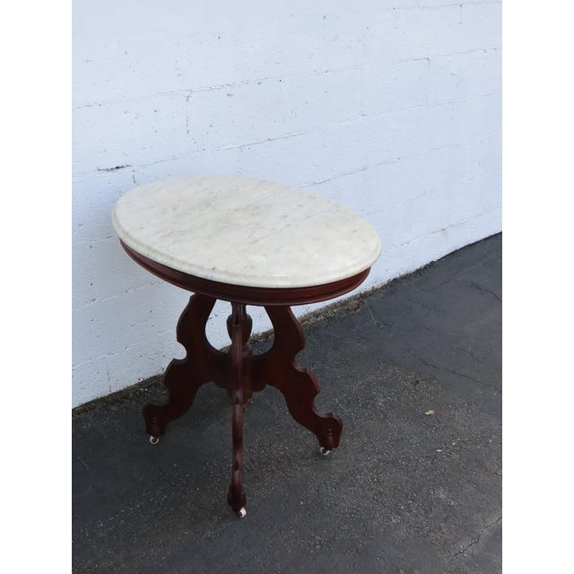 Victorian Late 1800s Victorian Eastlake Marble Top Carved Side Table 6900 For Sale - Image 3 of 18