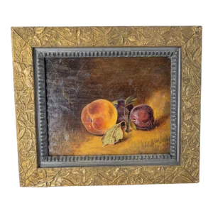 19th Century American or English School Still Life Oil Painting of Peach and Plums