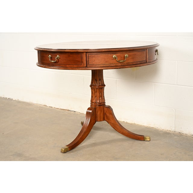 Hekman Furniture Hekman Georgian Banded Cherry Wood Pedestal Drum Side Table or Tea Table, Circa 1980s For Sale - Image 4 of 15