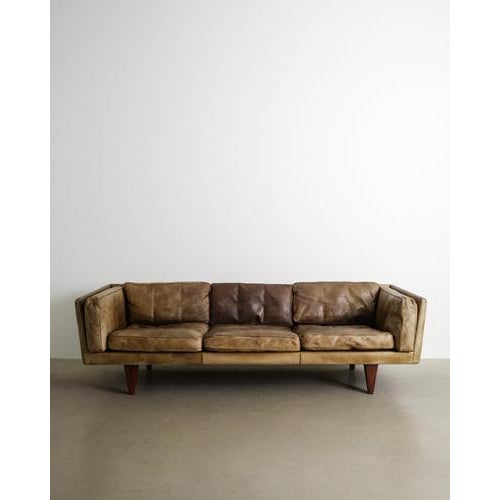 Wood Danish Mid Century Brown Leather V11 Three Seater Sofa by Illum Wikkelsø, 1960s For Sale - Image 7 of 7