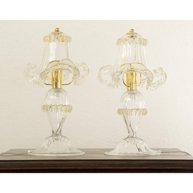 1990s Murano Glass Table Lamps in Crystal Color Line Straight & Gold Leaf, Italy, 2000s, Set of 2 For Sale - Image 5 of 17
