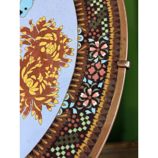 Paint Japanese Cloisonne Enamel Plate With Chrysanthemums Butterflies Lavender Ground For Sale - Image 7 of 17
