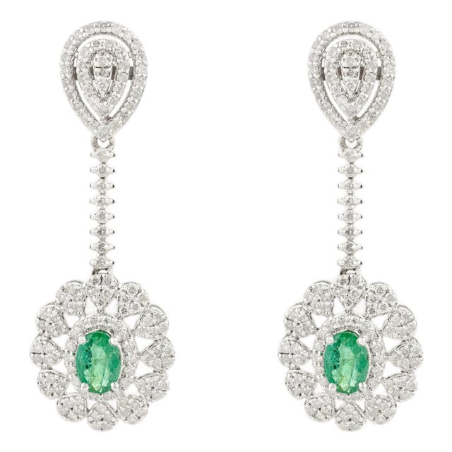 14k White Gold Cluster Diamond Emerald Floral Earrings- A Pair For Sale