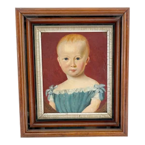 Early 20th Century Folk Art Child Portrait Oil Painting, Antique Oil Painting
