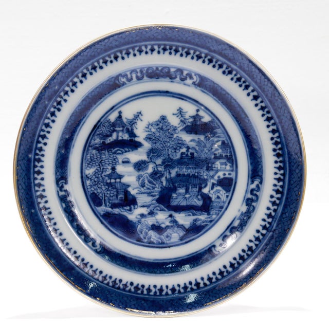 Chinese Set of 3 Antique Blue & White Chinese Export Nanking Porcelain Saucers or Plates For Sale - Image 3 of 12