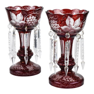 Antique Pair Ruby Glass Mantle Lusters With Engraved Grapes For Sale